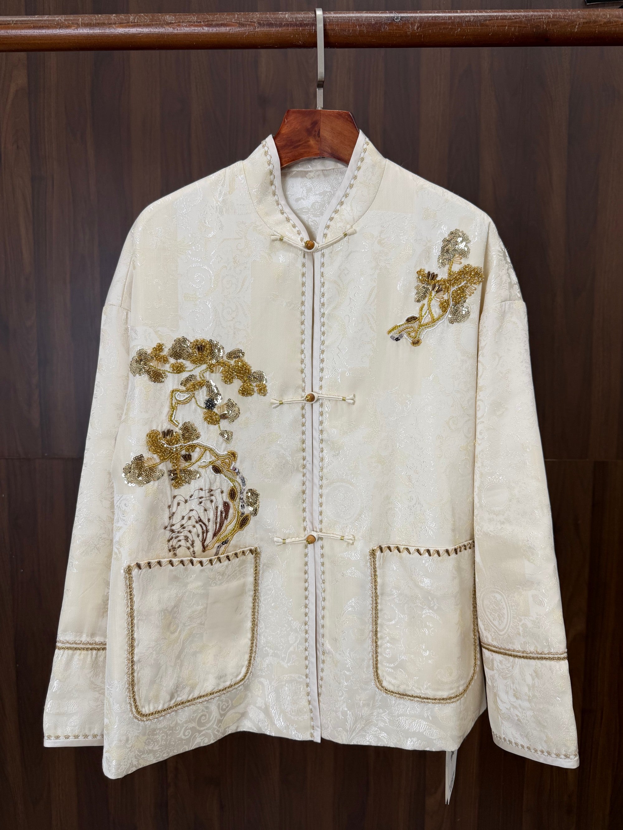 white beaded pine embroidered tang jacket modern chinese fashion luxe orienta
