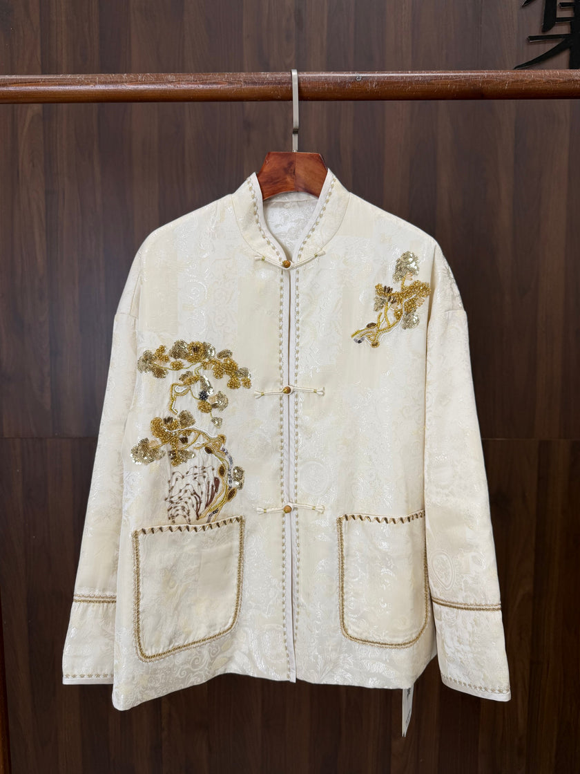 white beaded pine embroidered tang jacket modern chinese fashion luxe orienta