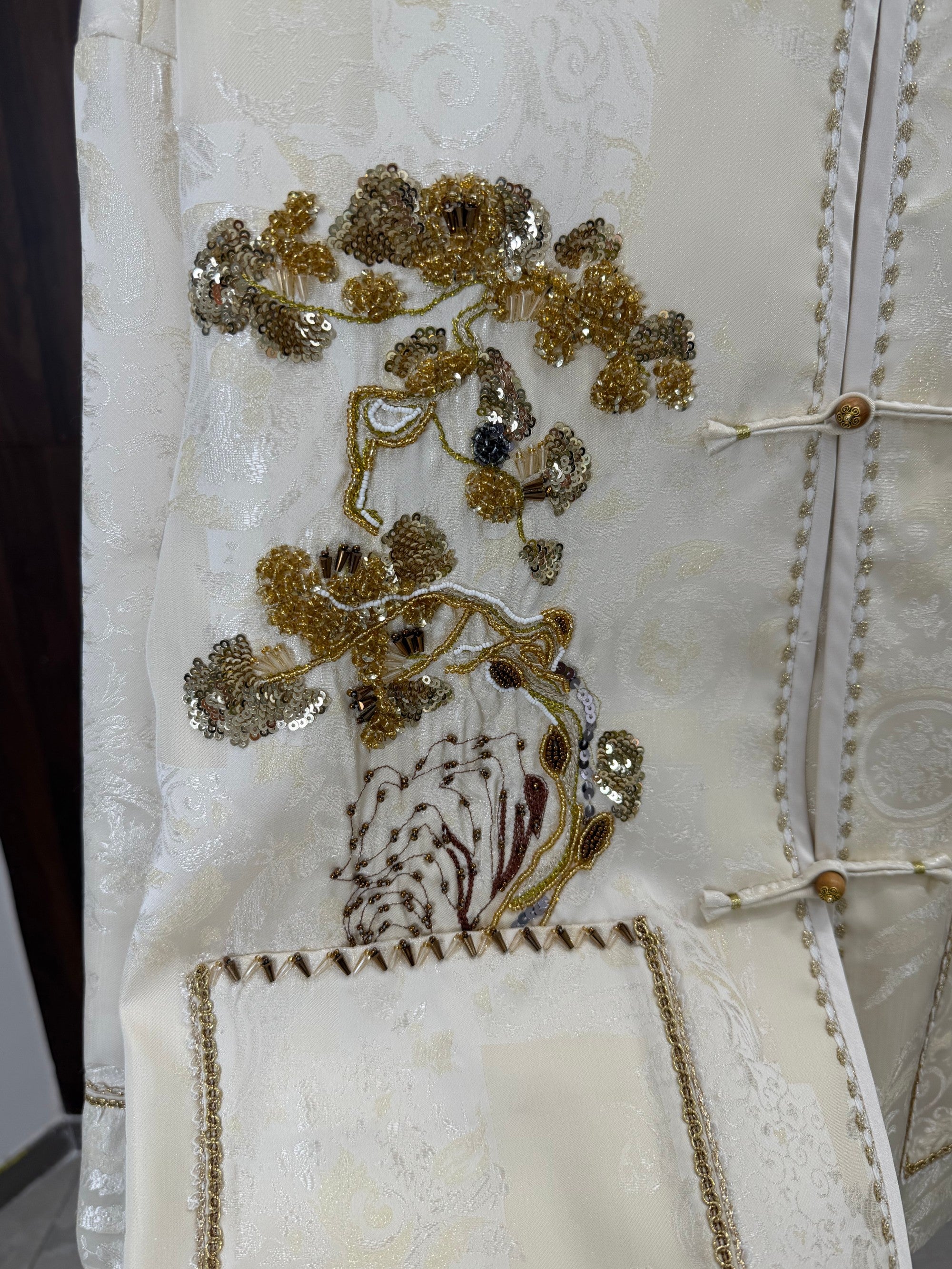 pine tree beaded embroidery detail chinese tang jacket