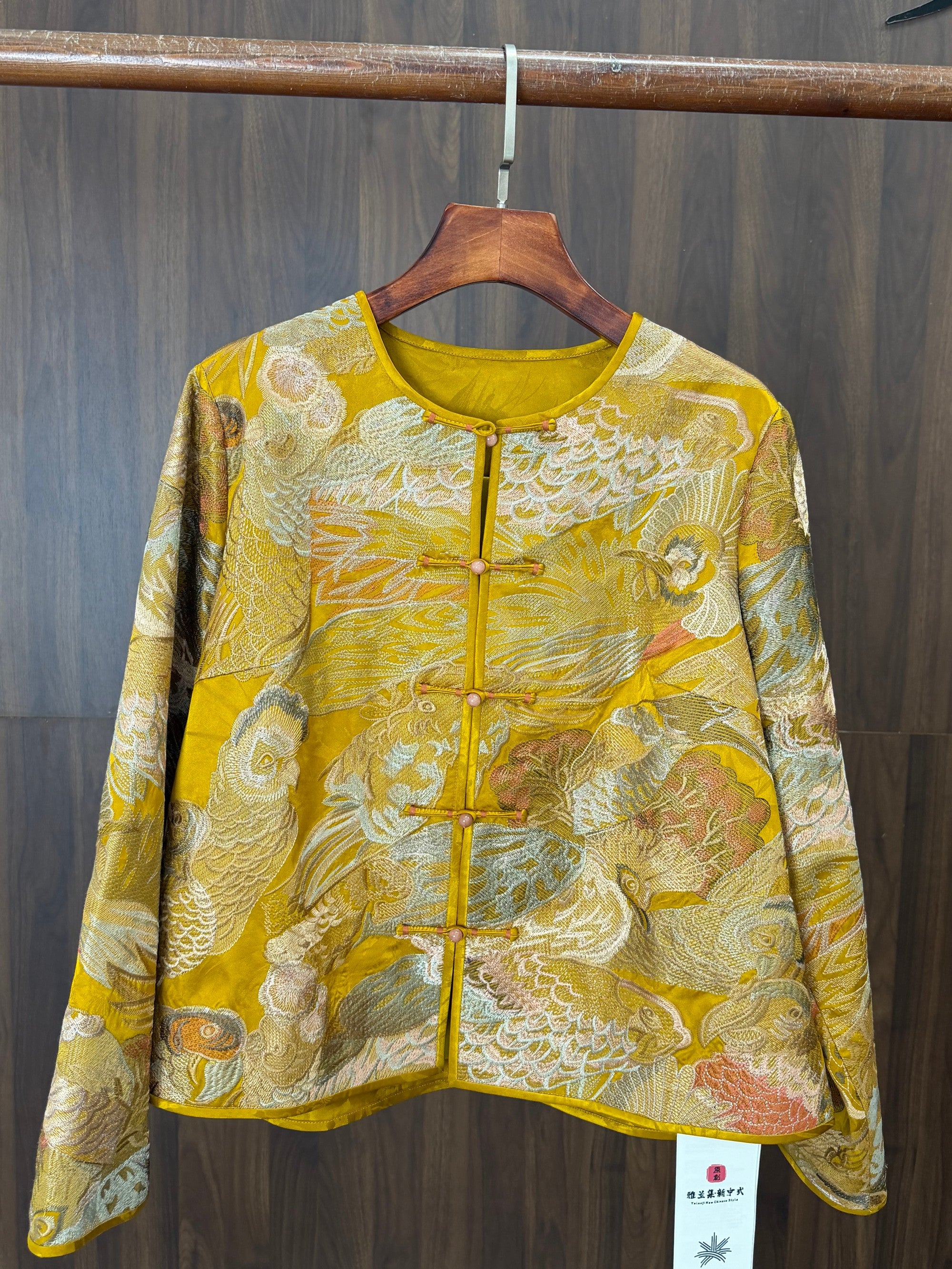 yellow phoenix brocade mulberry silk jacket modern chinese fashion luxe orienta