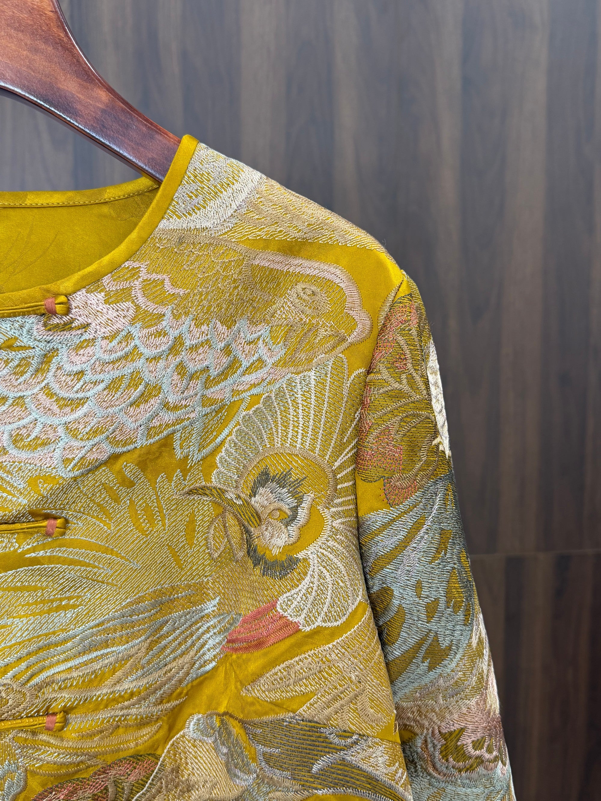 phoenix bird embroidery detail oriental silk jacket