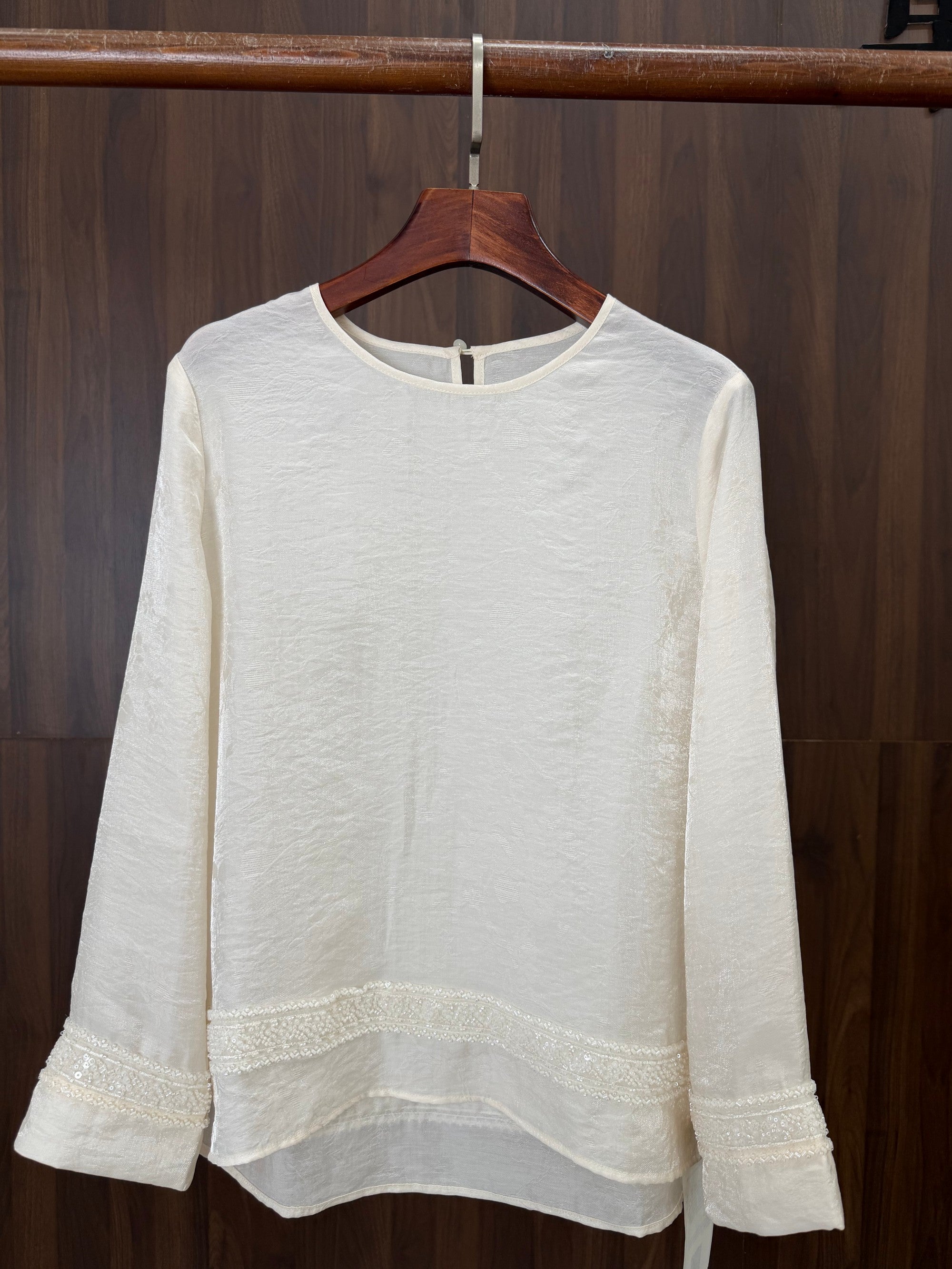 beige beaded sequin Satin blouse 