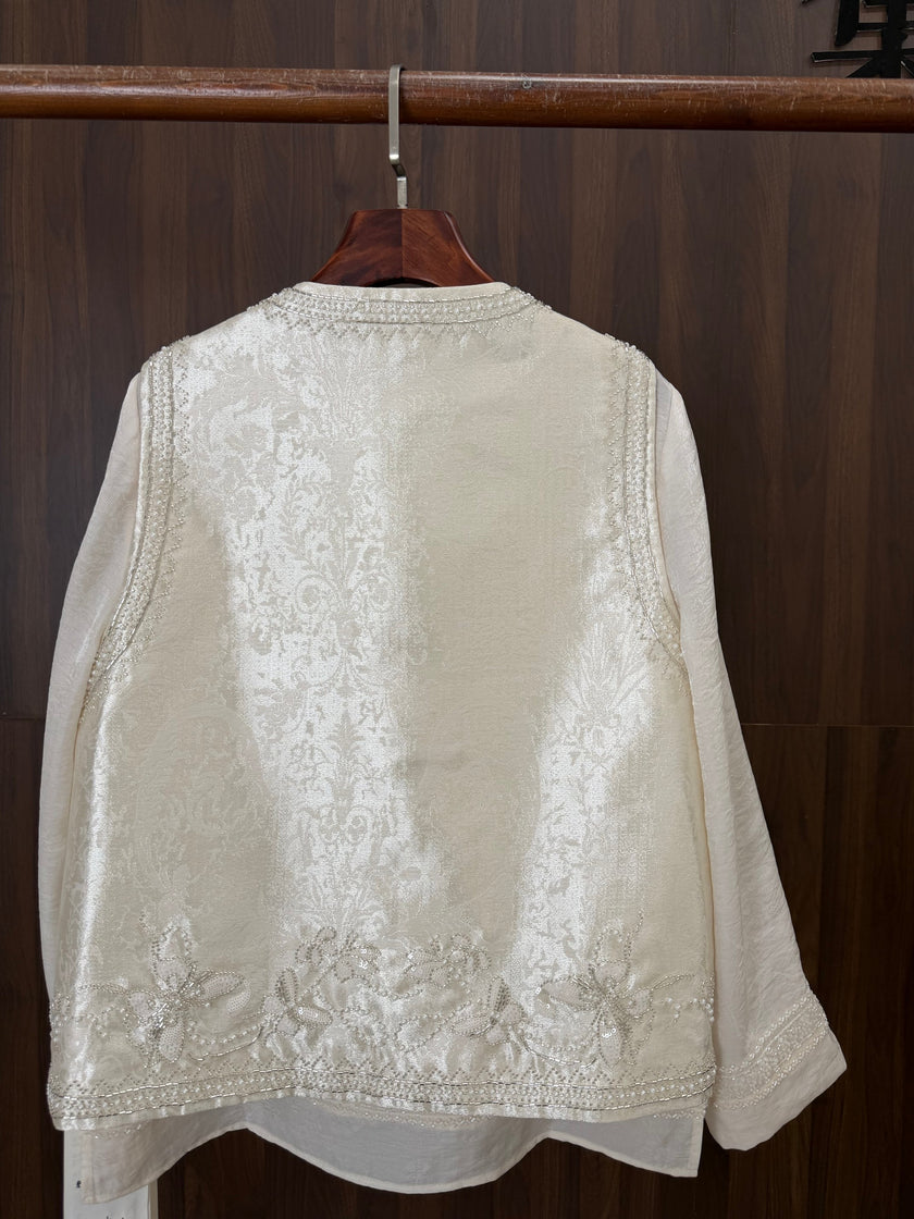 white beaded sequin embroidered vest and satin shirt modern chinese fashion set