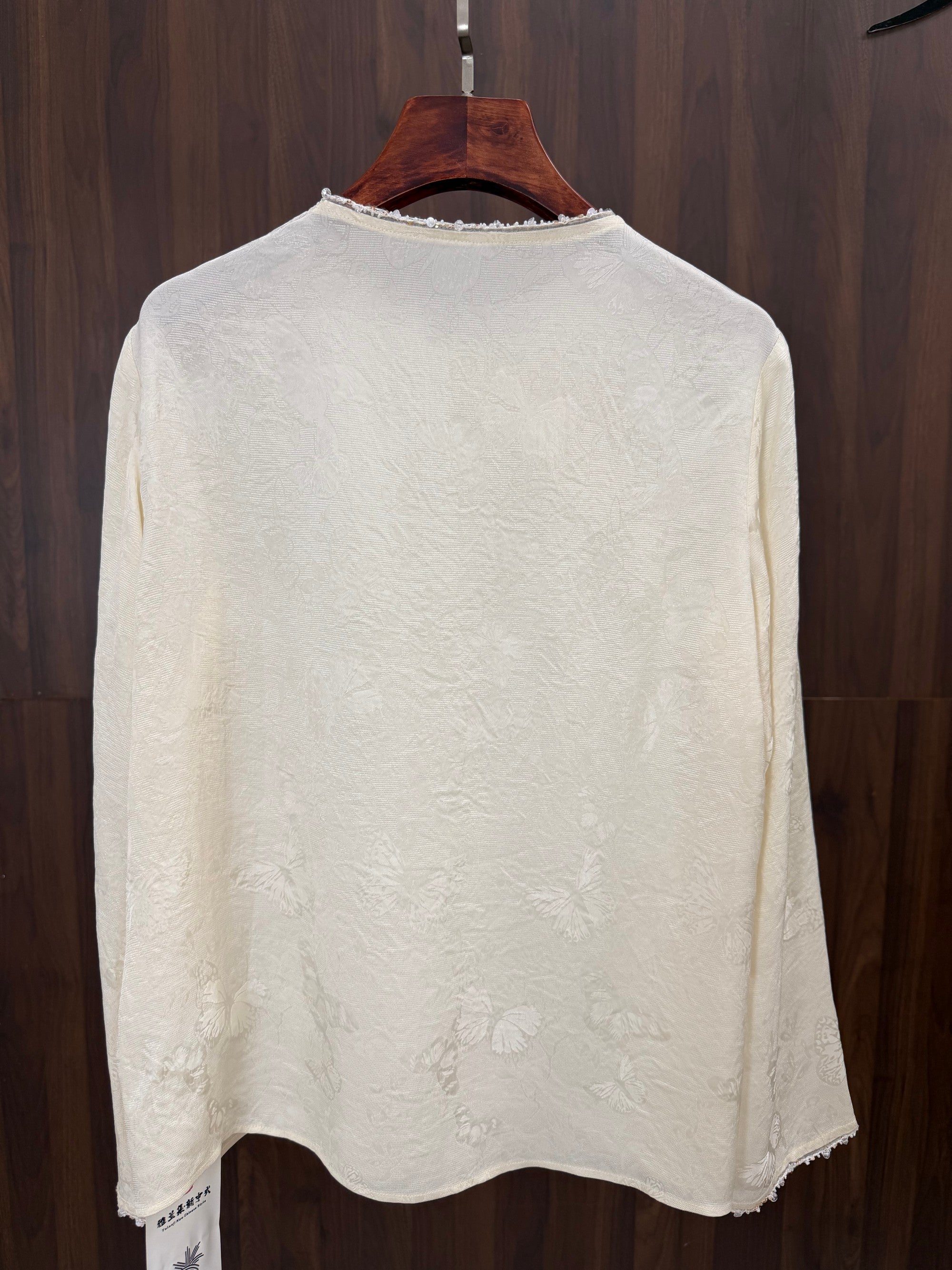 Apricot Beaded Jacquard Chinese Blouse | Modern Oriental Wrap Top - Luxe Orienta CO., LIMITED