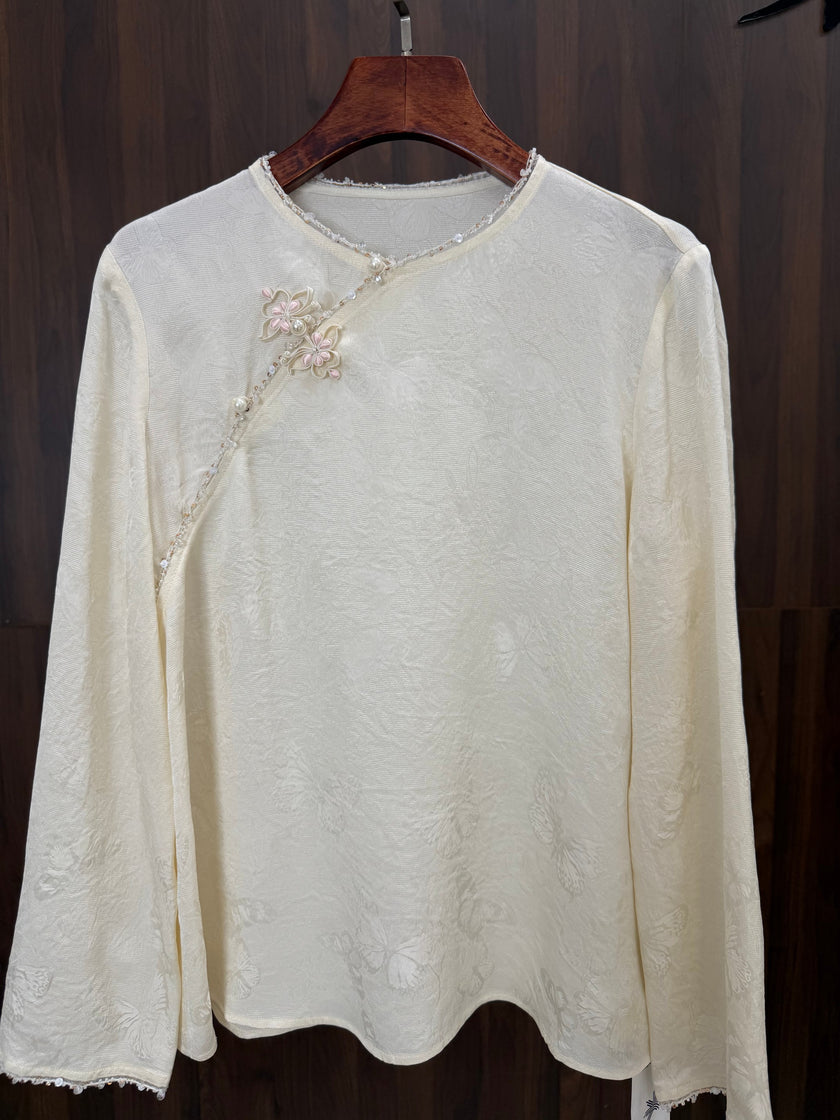 Apricot Beaded Jacquard Chinese Blouse | Modern Oriental Wrap Top - Luxe Orienta CO., LIMITED