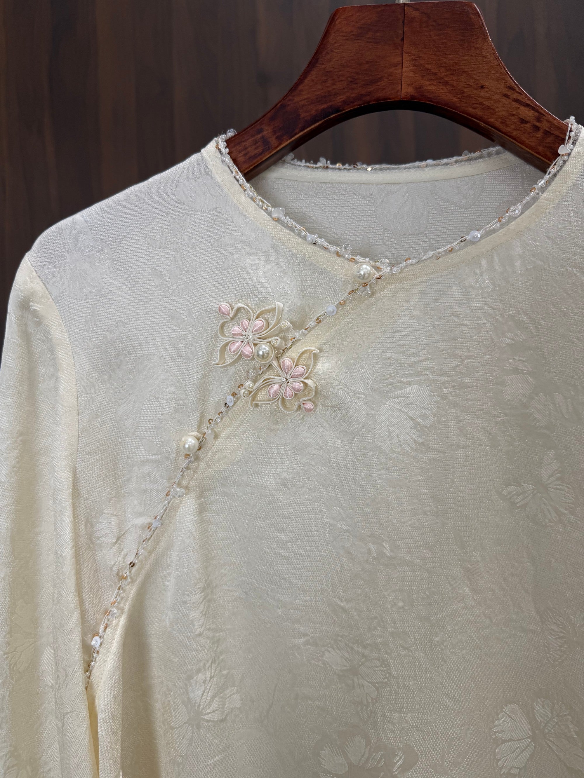 Apricot Beaded Jacquard Chinese Blouse | Modern Oriental Wrap Top - Luxe Orienta CO., LIMITED