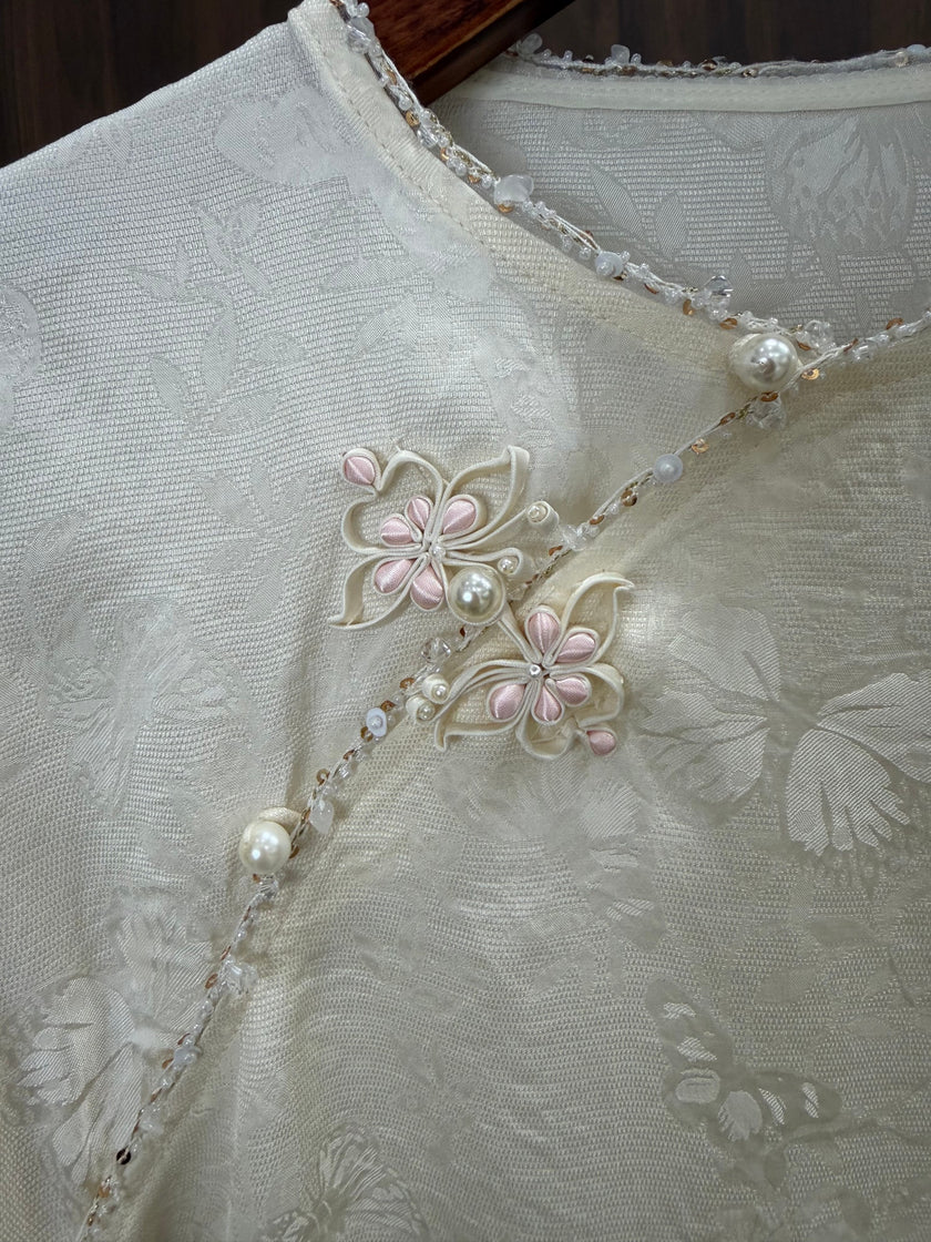 Apricot Beaded Jacquard Chinese Blouse | Modern Oriental Wrap Top - Luxe Orienta CO., LIMITED