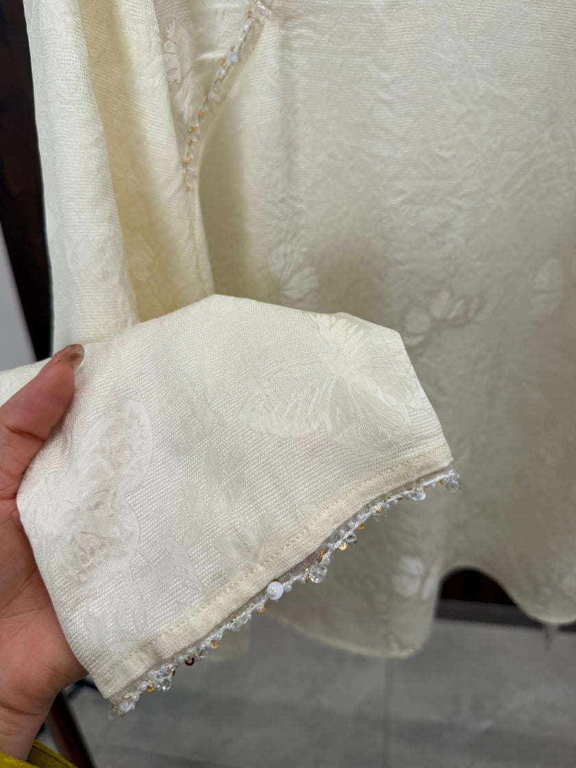 Apricot Beaded Jacquard Chinese Blouse | Modern Oriental Wrap Top - Luxe Orienta CO., LIMITED