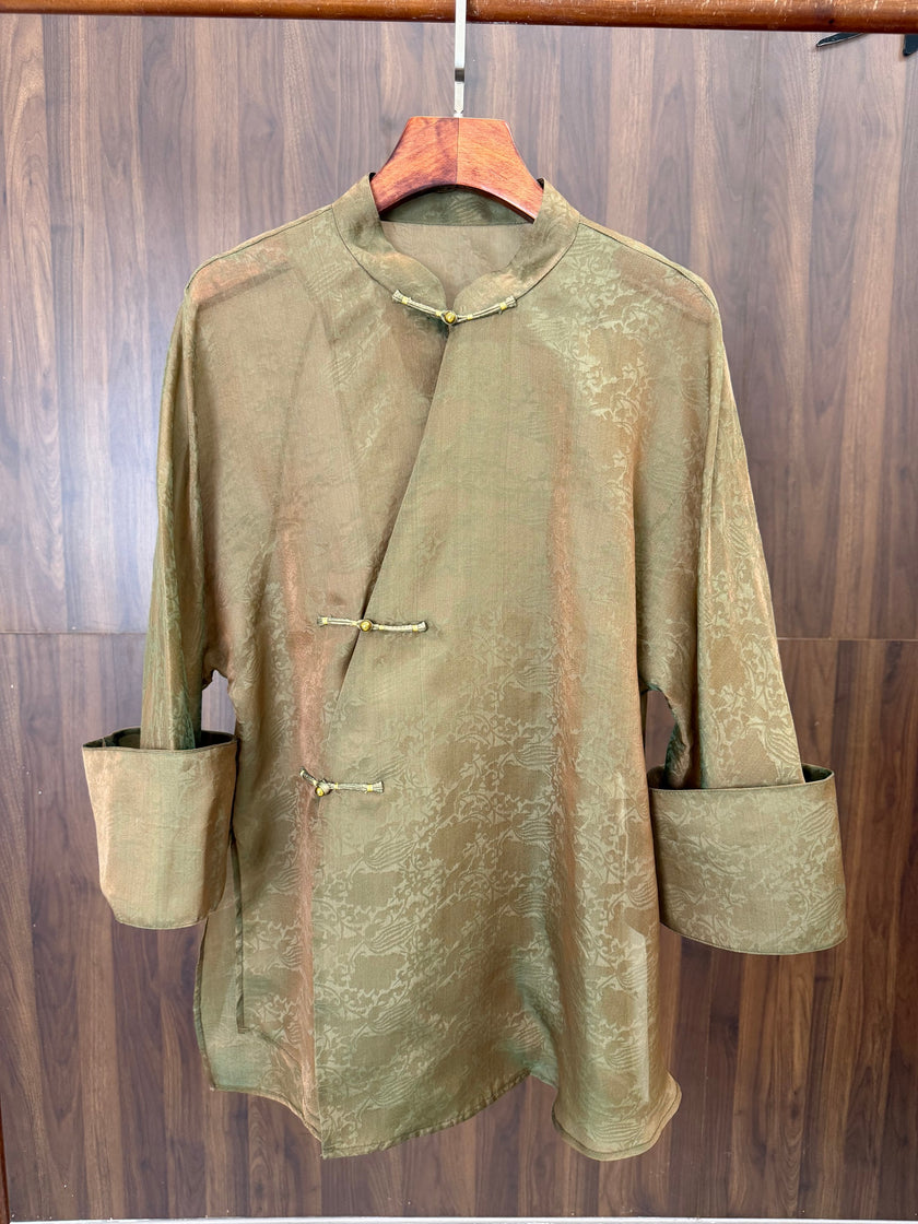 Mulberry Silk Jacquard Mandarin Collar Blouse | Modern Chinese Frog Button Shirt - Luxe Orienta CO., LIMITED