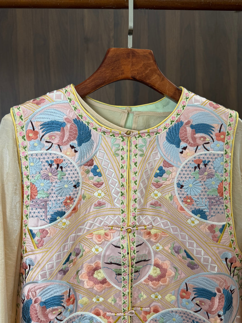 traditional roundel embroidery detail pink chinese vest
