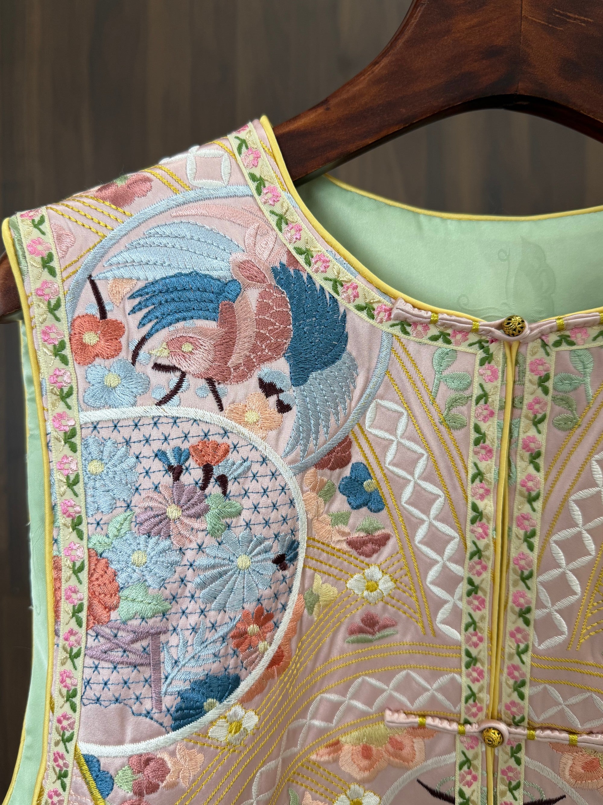 yellow piping floral trim chinese embroidered vest detail