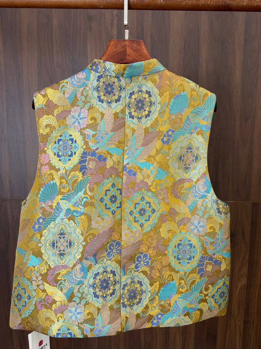 golden mulberry silk jacquard chinese vest with baoxiang flower motif