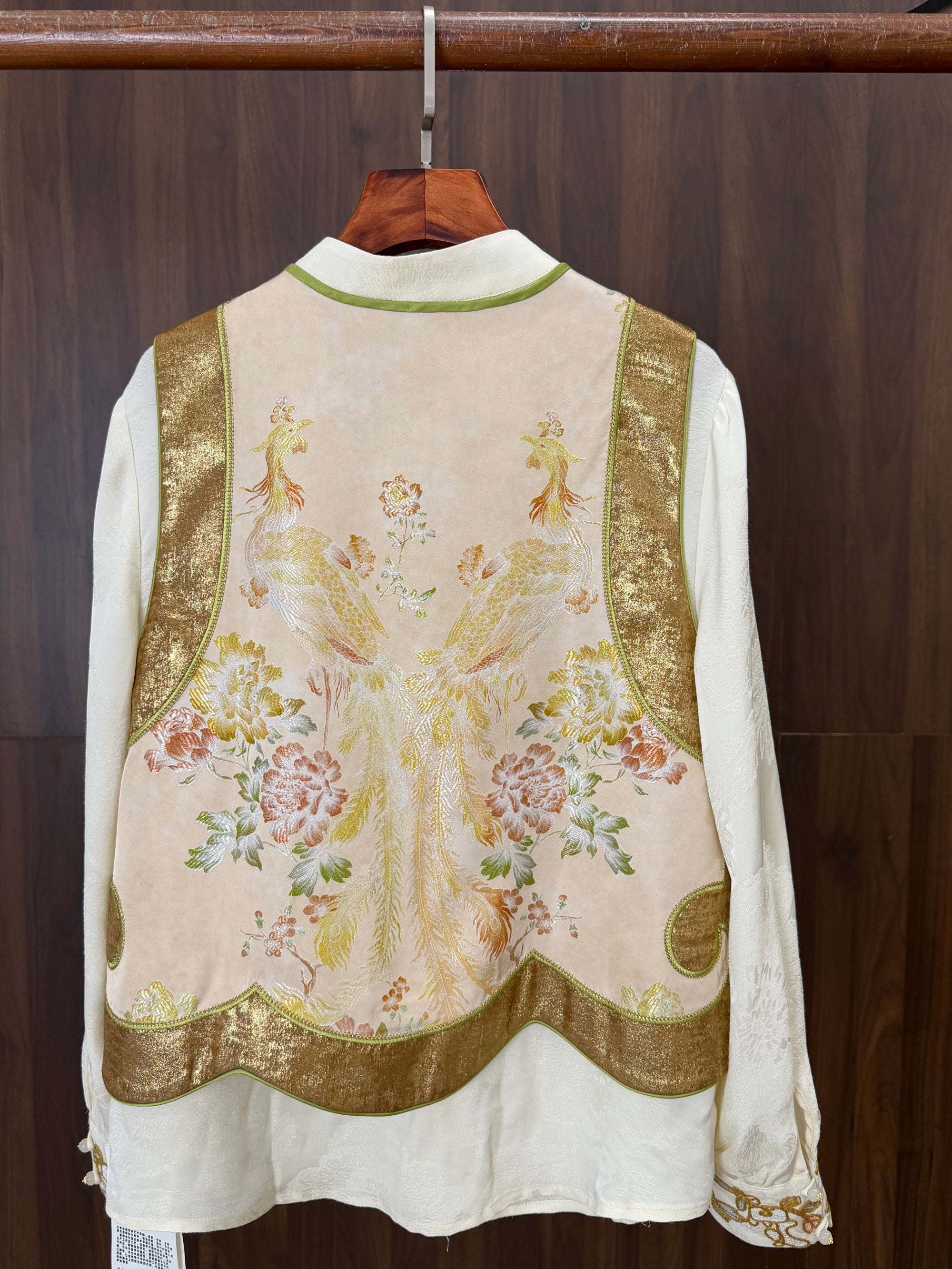 Beige Phoenix Gold Jacquard Embroidered Vest | Modern Chinese Style Waistcoat | LUXE ORIENTA - Luxe Orienta CO., LIMITED
