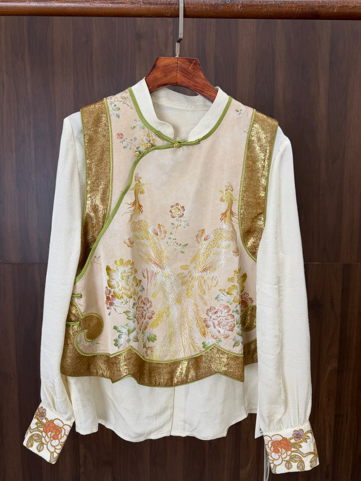 Beige Phoenix Gold Jacquard Embroidered Vest | Modern Chinese Style Waistcoat | LUXE ORIENTA - Luxe Orienta CO., LIMITED