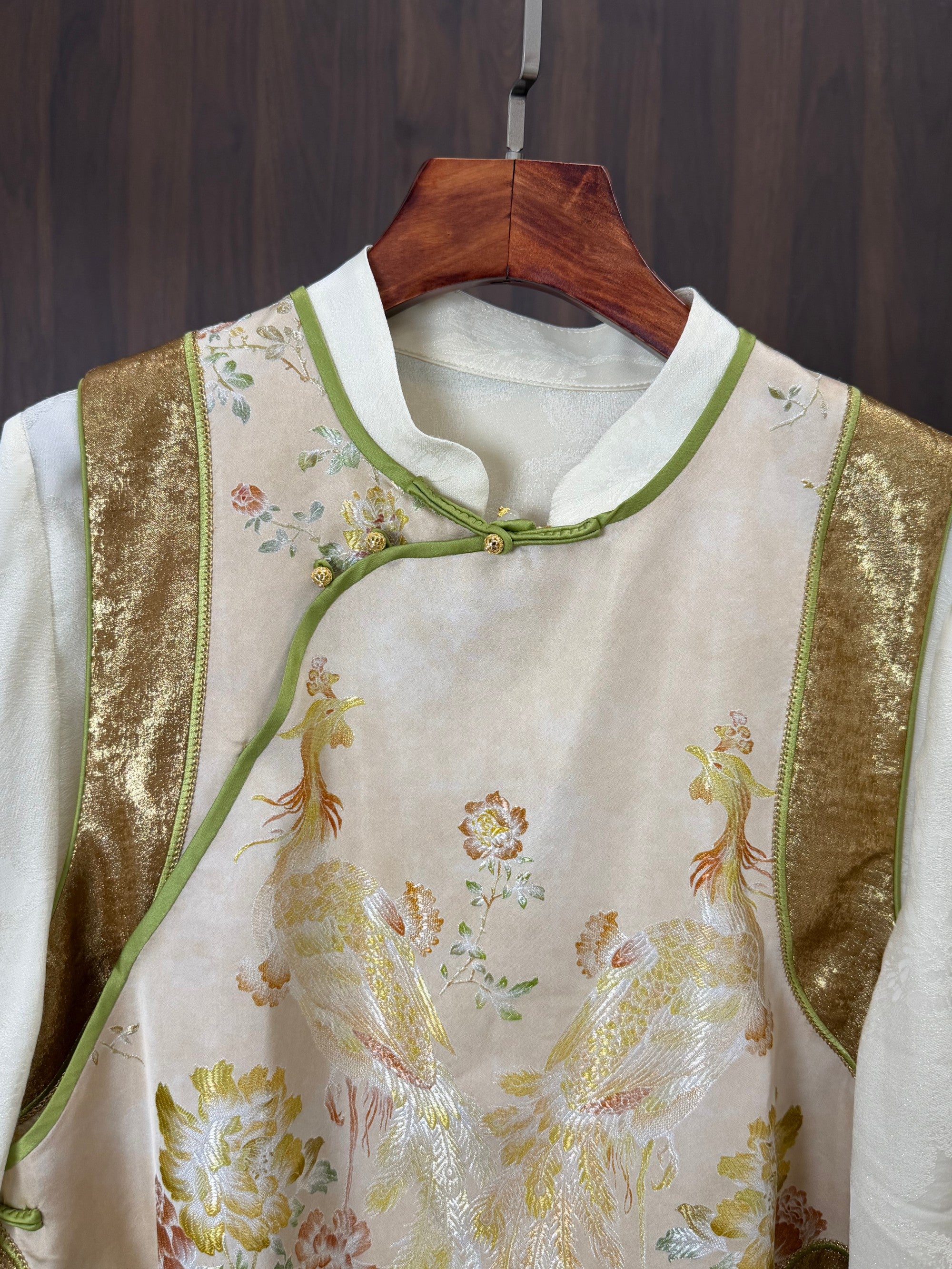 Beige Phoenix Gold Jacquard Embroidered Vest | Modern Chinese Style Waistcoat | LUXE ORIENTA - Luxe Orienta CO., LIMITED