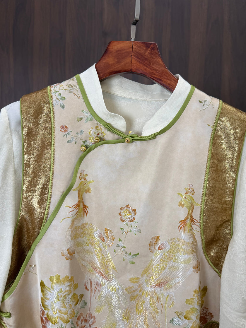 Beige Phoenix Gold Jacquard Embroidered Vest | Modern Chinese Style Waistcoat | LUXE ORIENTA - Luxe Orienta CO., LIMITED