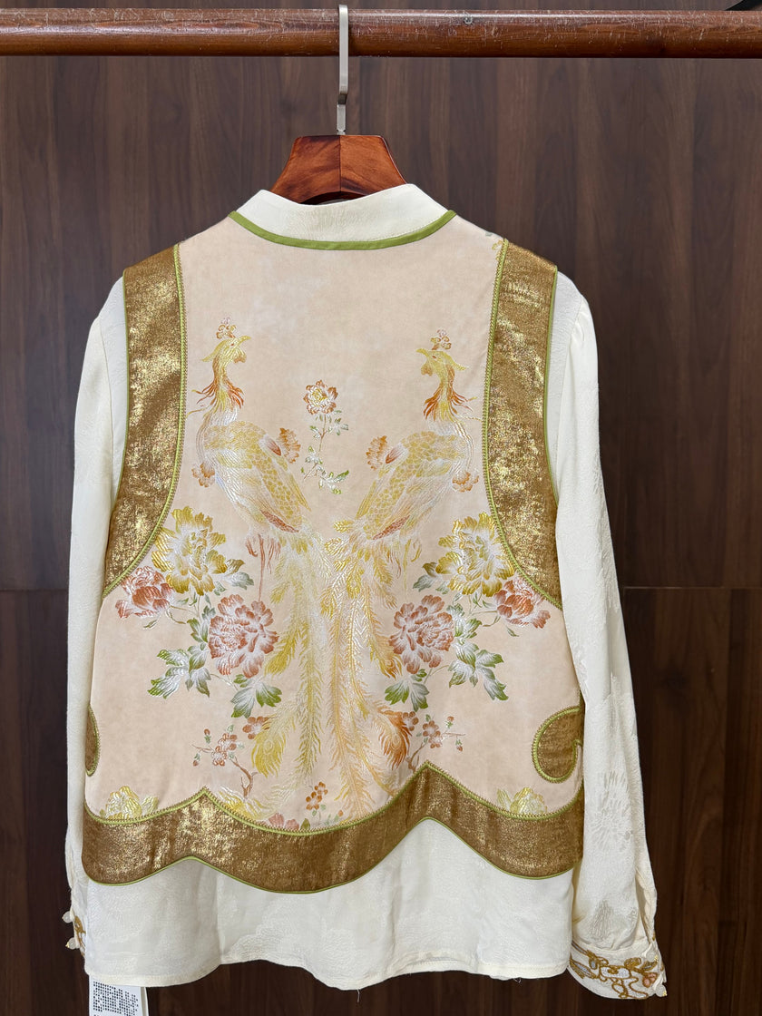 Beige Phoenix Gold Jacquard Embroidered Vest | Modern Chinese Style Waistcoat | LUXE ORIENTA - Luxe Orienta CO., LIMITED