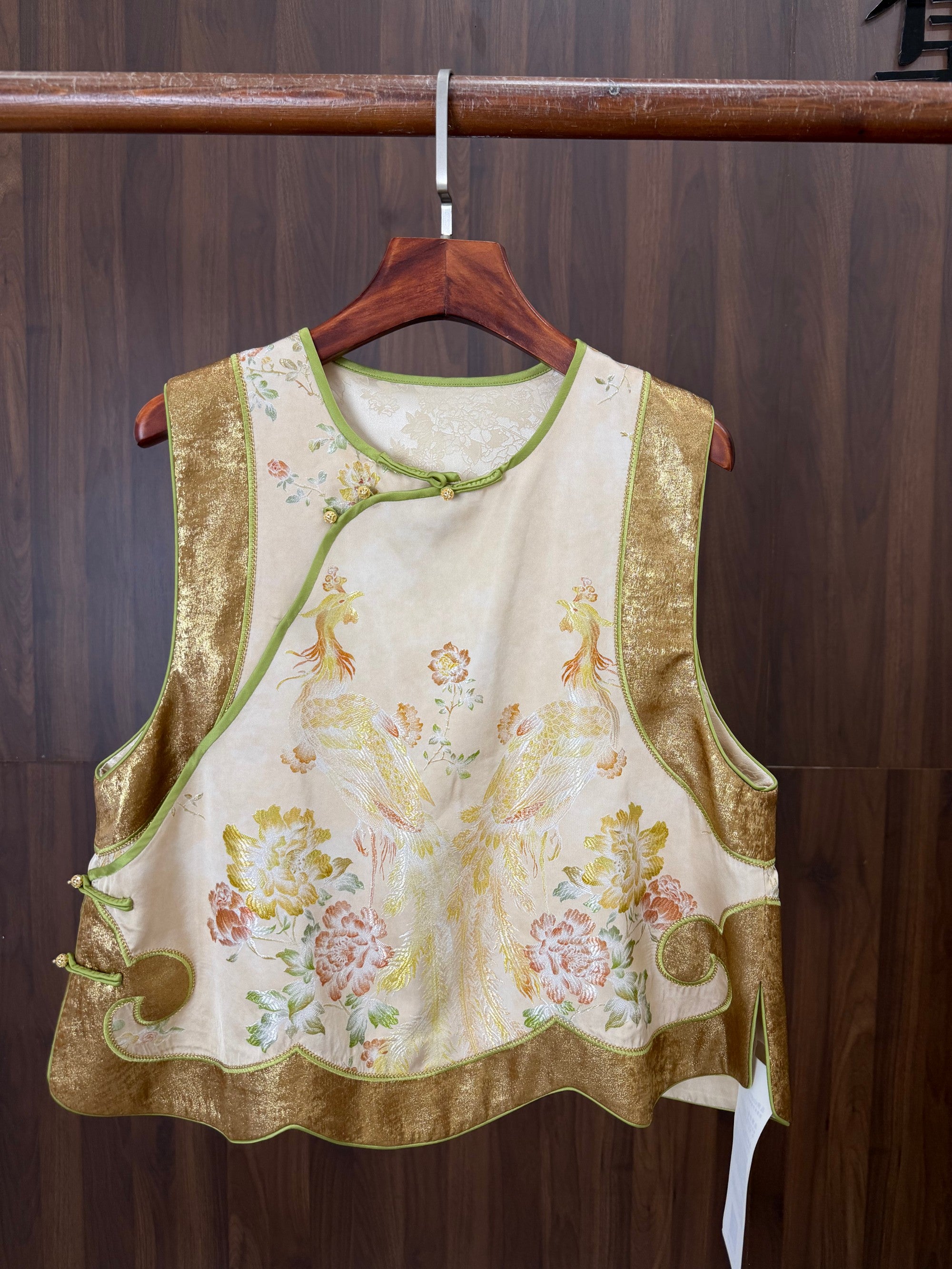 Beige Phoenix Gold Jacquard Embroidered Vest | Modern Chinese Style Waistcoat | LUXE ORIENTA - Luxe Orienta CO., LIMITED