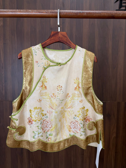 Beige Phoenix Gold Jacquard Embroidered Vest | Modern Chinese Style Waistcoat | LUXE ORIENTA - Luxe Orienta CO., LIMITED