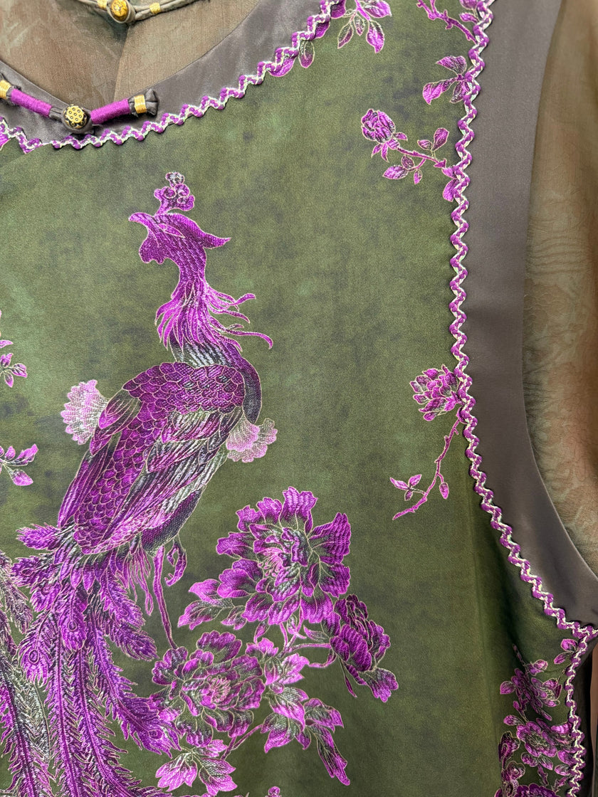 phoenix floral embroidery detail purple chinese vest