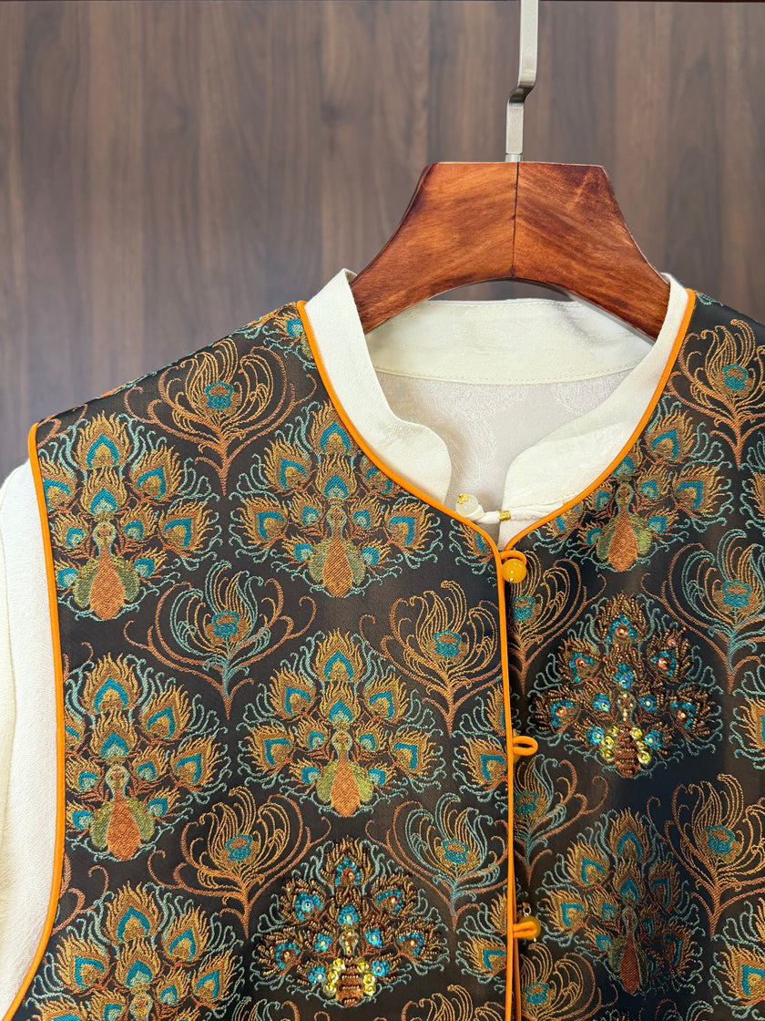 Yellow Peacock Embroidered Beaded Vest | Modern Chinese Sleeveless Jacket | LUXE ORIENTA - Luxe Orienta CO., LIMITED