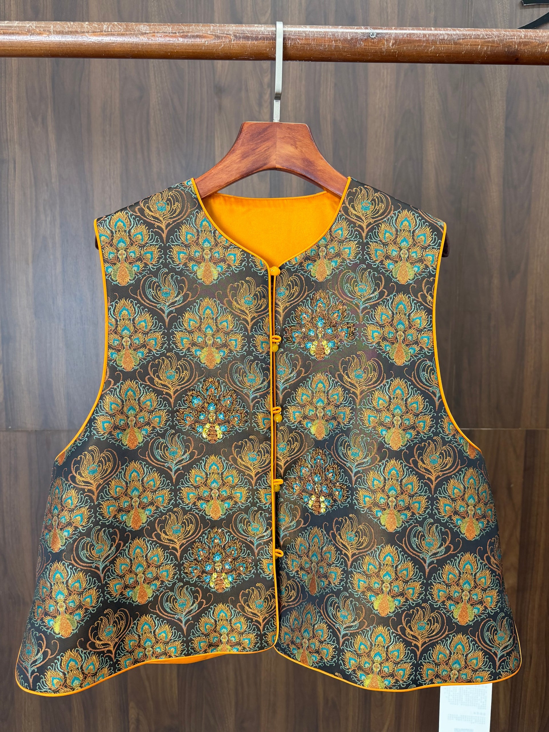 yellow peacock embroidered beaded vest modern chinese fashion LUXE ORIENTA