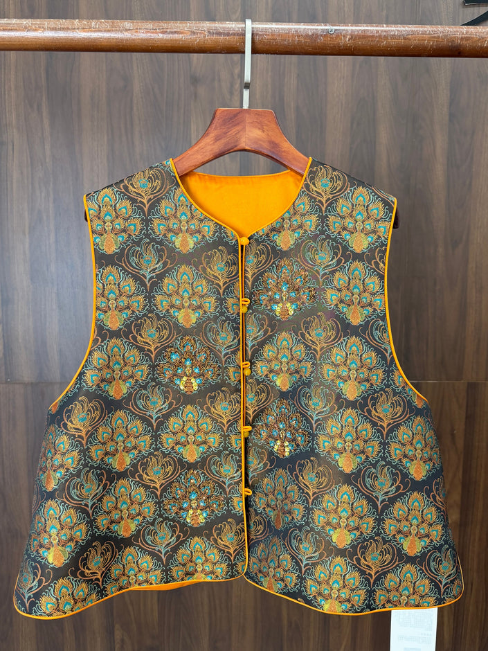 yellow peacock embroidered beaded vest modern chinese fashion LUXE ORIENTA
