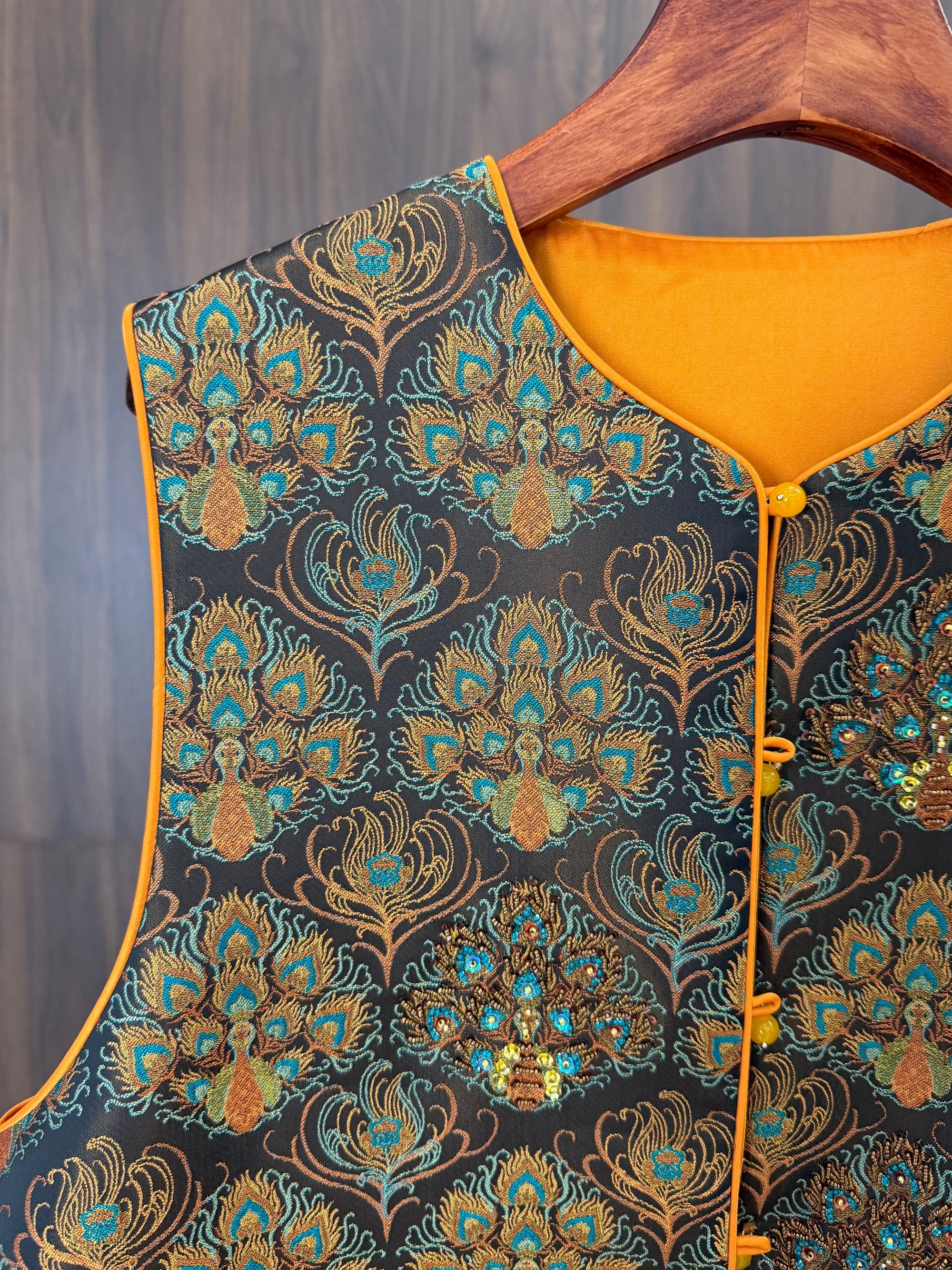 yellow peacock embroidered beaded vest modern chinese fashion LUXE ORIENTA
