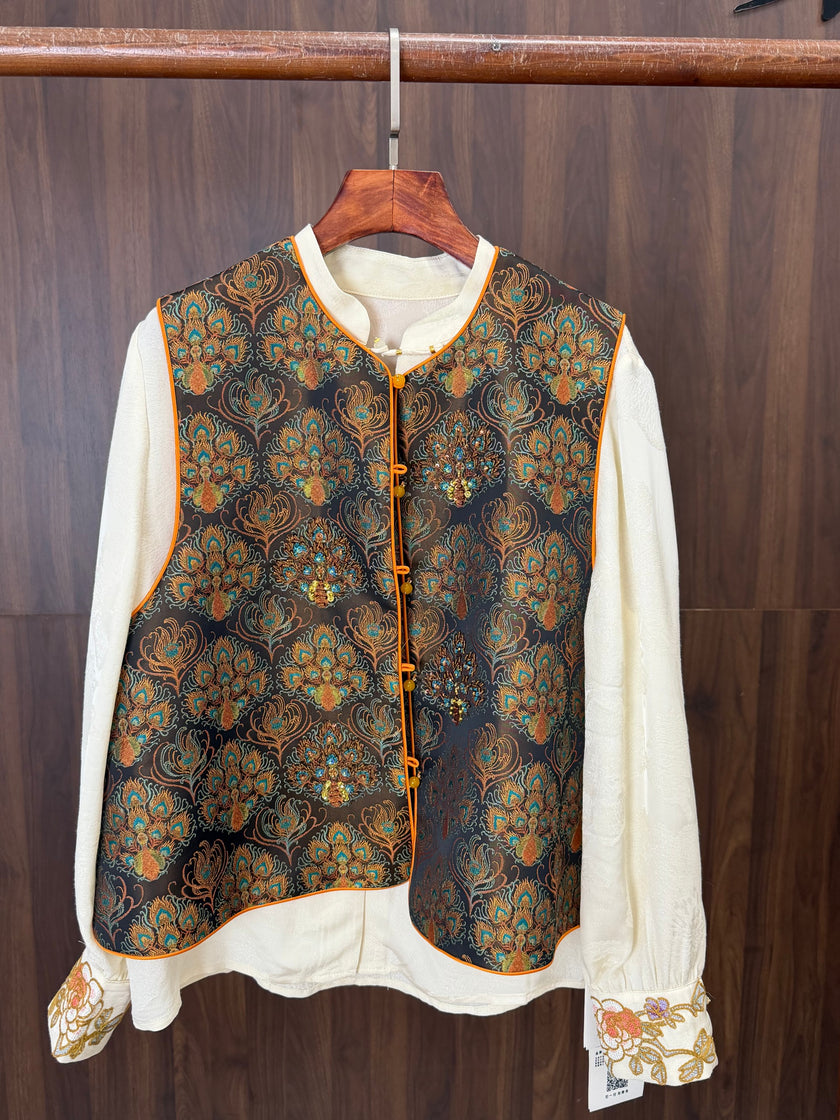 Yellow Peacock Embroidered Beaded Vest | Modern Chinese Sleeveless Jacket | LUXE ORIENTA - Luxe Orienta CO., LIMITED