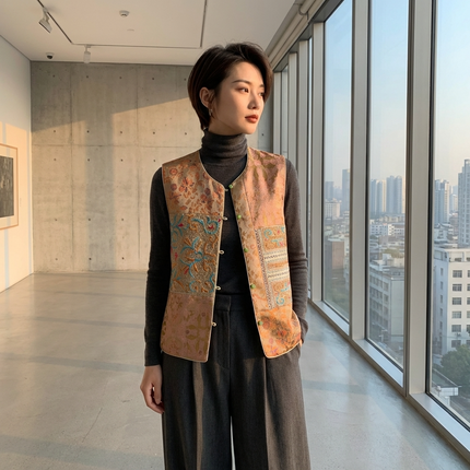 Woman wearing a brocade vest in a modern indoor setting with large windows.