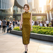Model in Mulberry Silk Xiangyunsha Mustard Black Check Sleeveless Qipao Dress 1