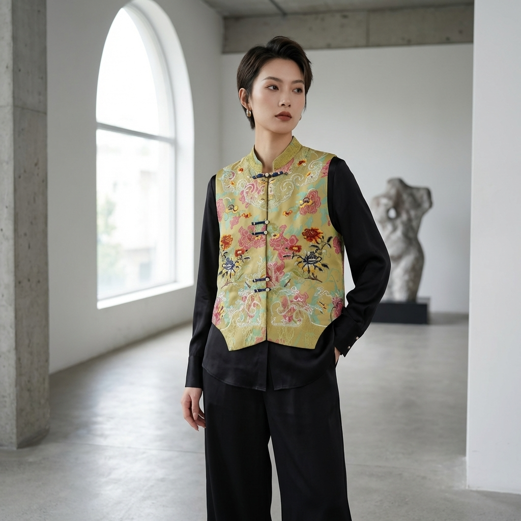 Person wearing a floral embroidered vest in a modern indoor setting