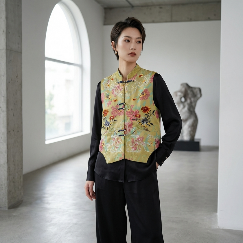 Person wearing a floral embroidered vest in a modern indoor setting