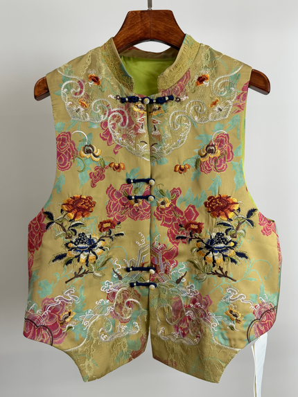 Mustard Embroidered Chinese Vest – Peony Rayon Waistcoat with Frog Buttons & Mandarin Collar Front Look