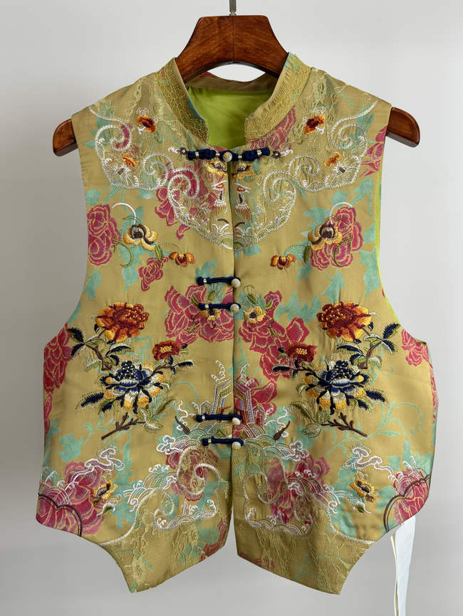 Mustard Embroidered Chinese Vest – Peony Rayon Waistcoat with Frog Buttons & Mandarin Collar Front Look