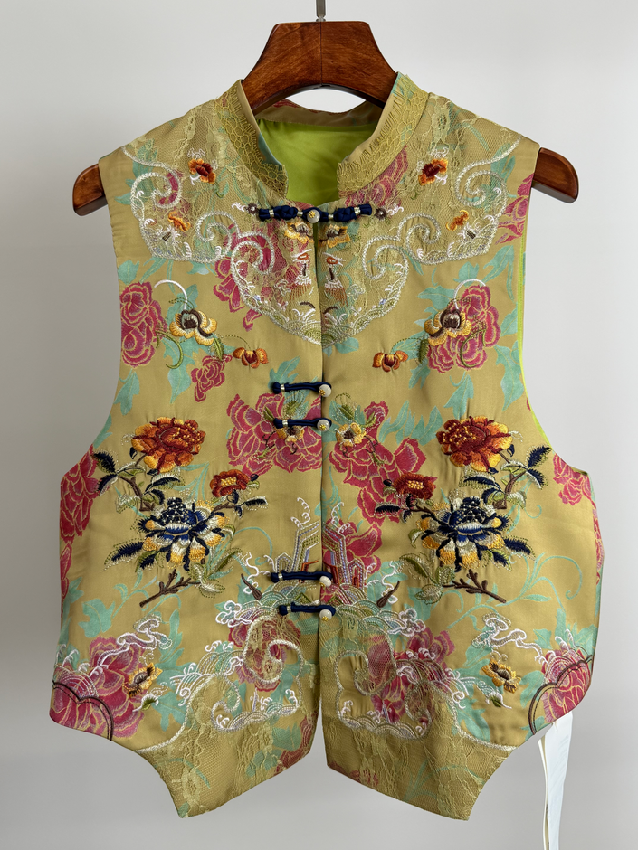 Mustard Embroidered Chinese Vest – Peony Rayon Waistcoat with Frog Buttons & Mandarin Collar Front Look