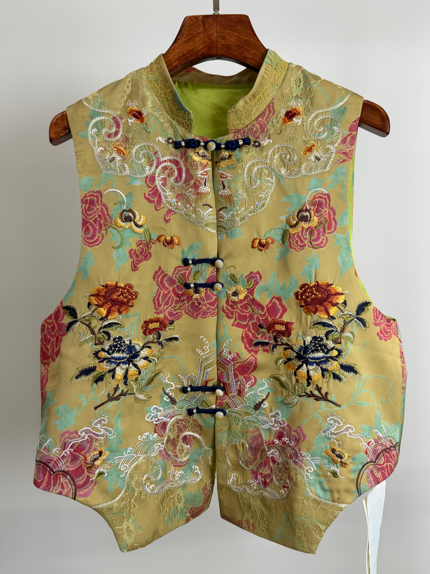 Mustard Embroidered Chinese Vest – Peony Rayon Waistcoat with Frog Buttons & Mandarin Collar Front Look