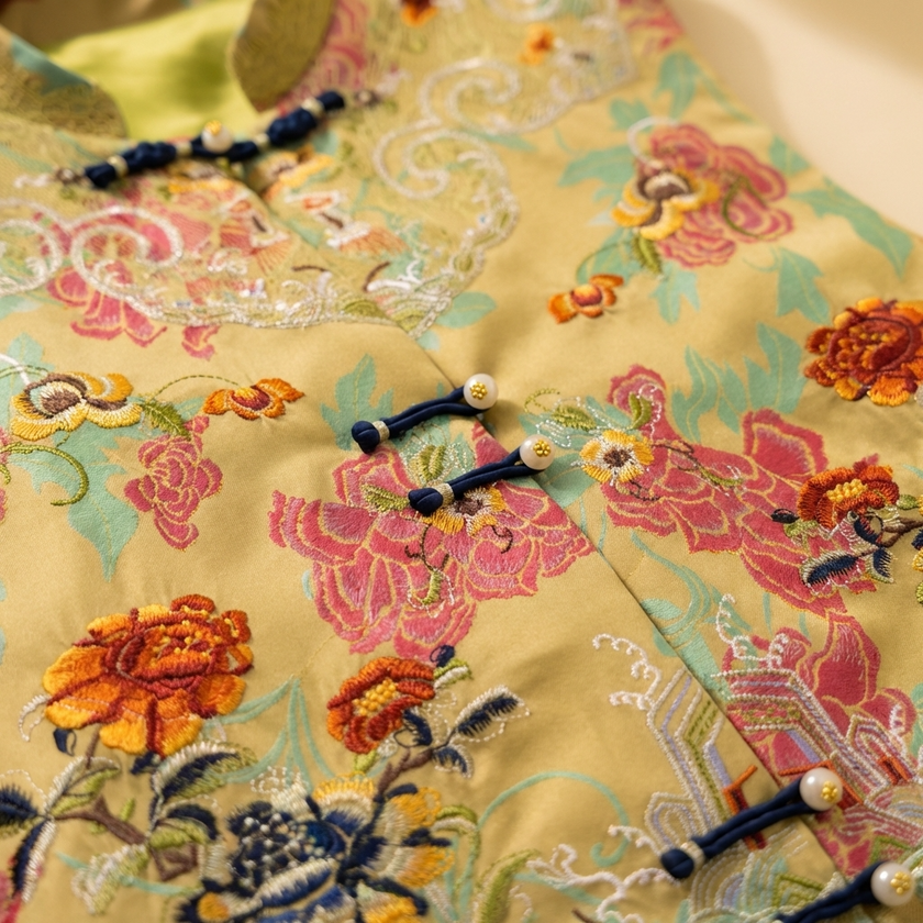 Close-up of  the mustard vest with floral embroidery and frog-button detail