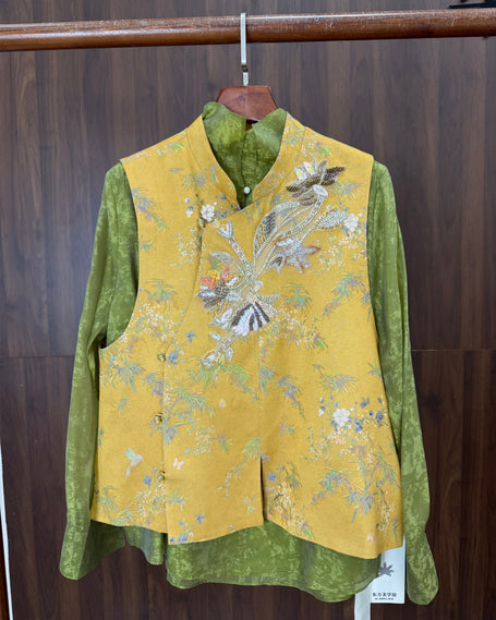 Yellow Beaded Embroidered Bamboo Vest | 100% Viscose Modern Chinese Elegance - Luxe Orienta CO., LIMITED
