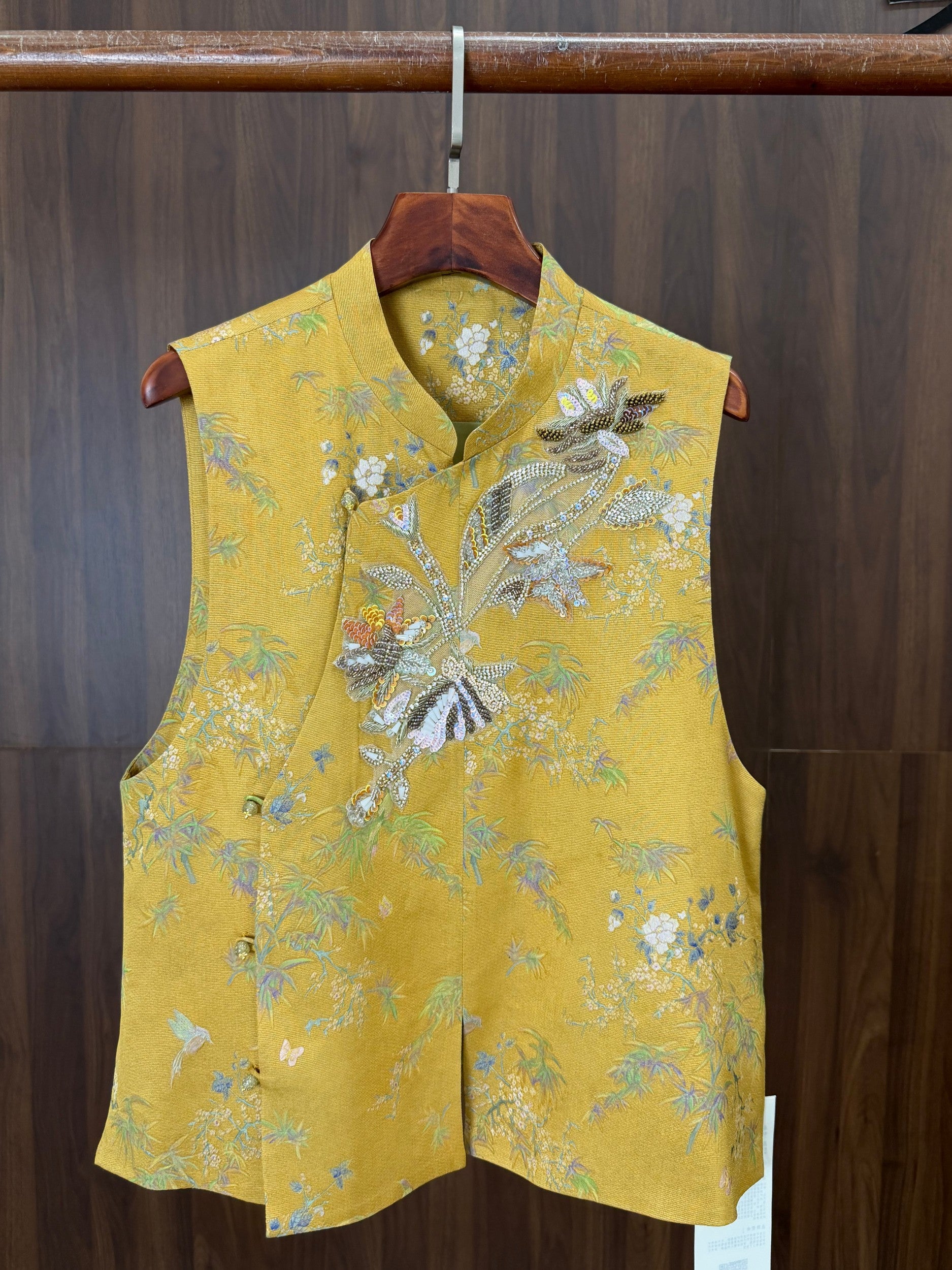 Yellow Beaded Embroidered Bamboo Vest | 100% Viscose Modern Chinese Elegance - Luxe Orienta CO., LIMITED