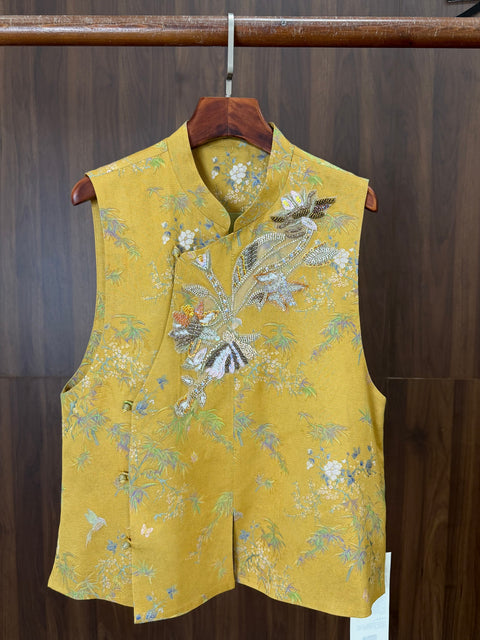 Yellow Beaded Embroidered Bamboo Vest | 100% Viscose Modern Chinese Elegance - Luxe Orienta CO., LIMITED