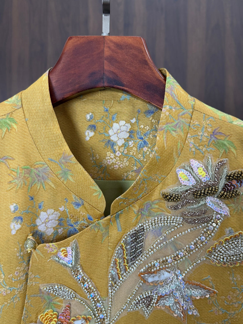 Yellow Beaded Embroidered Bamboo Vest | 100% Viscose Modern Chinese Elegance - Luxe Orienta CO., LIMITED