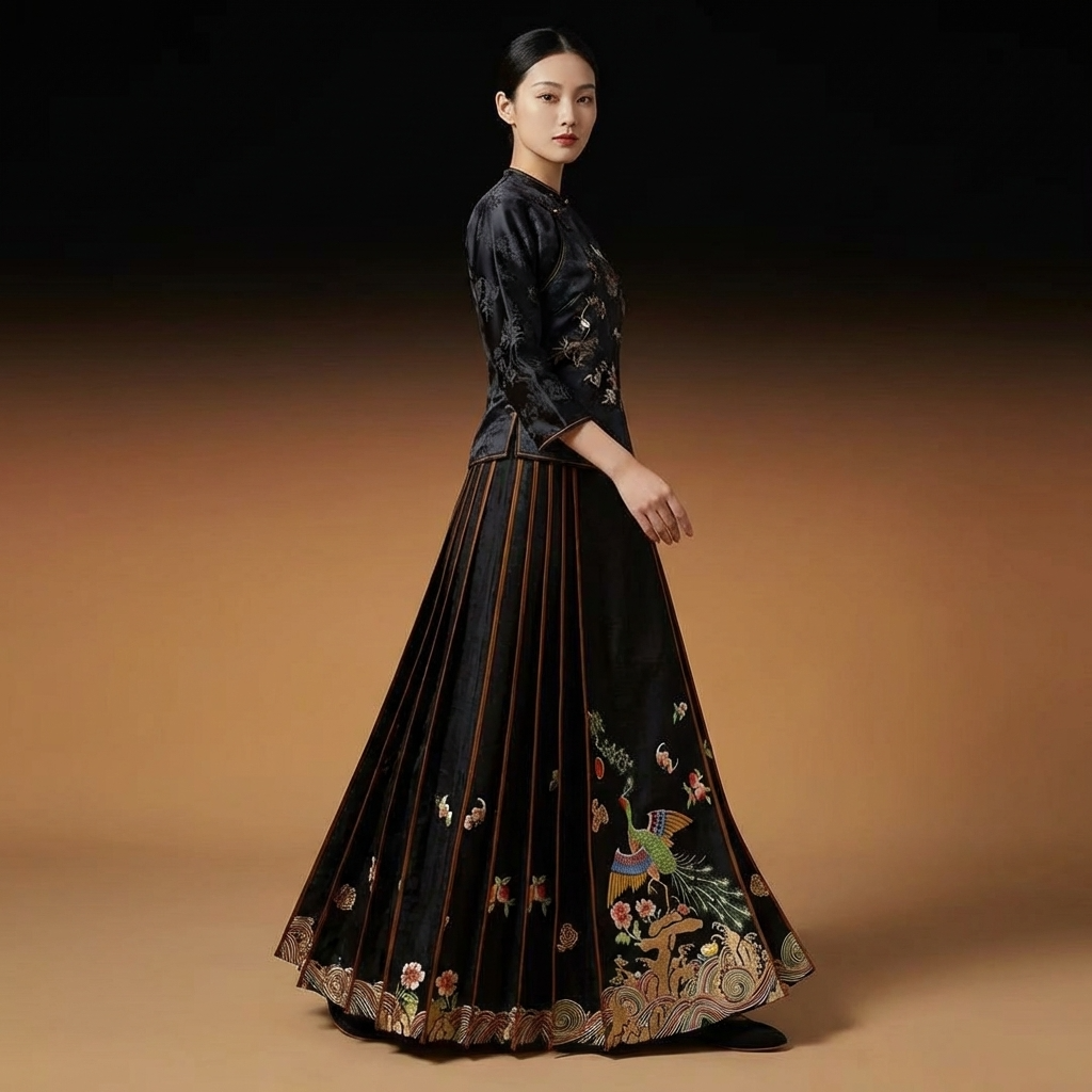 Woman wearing a black peacock embroidered mamian qun skirt on a brown background