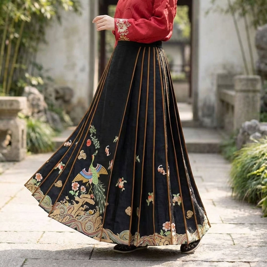 Lady wearing a black embroidered mamian skirt with a red top in an outdoor setting.