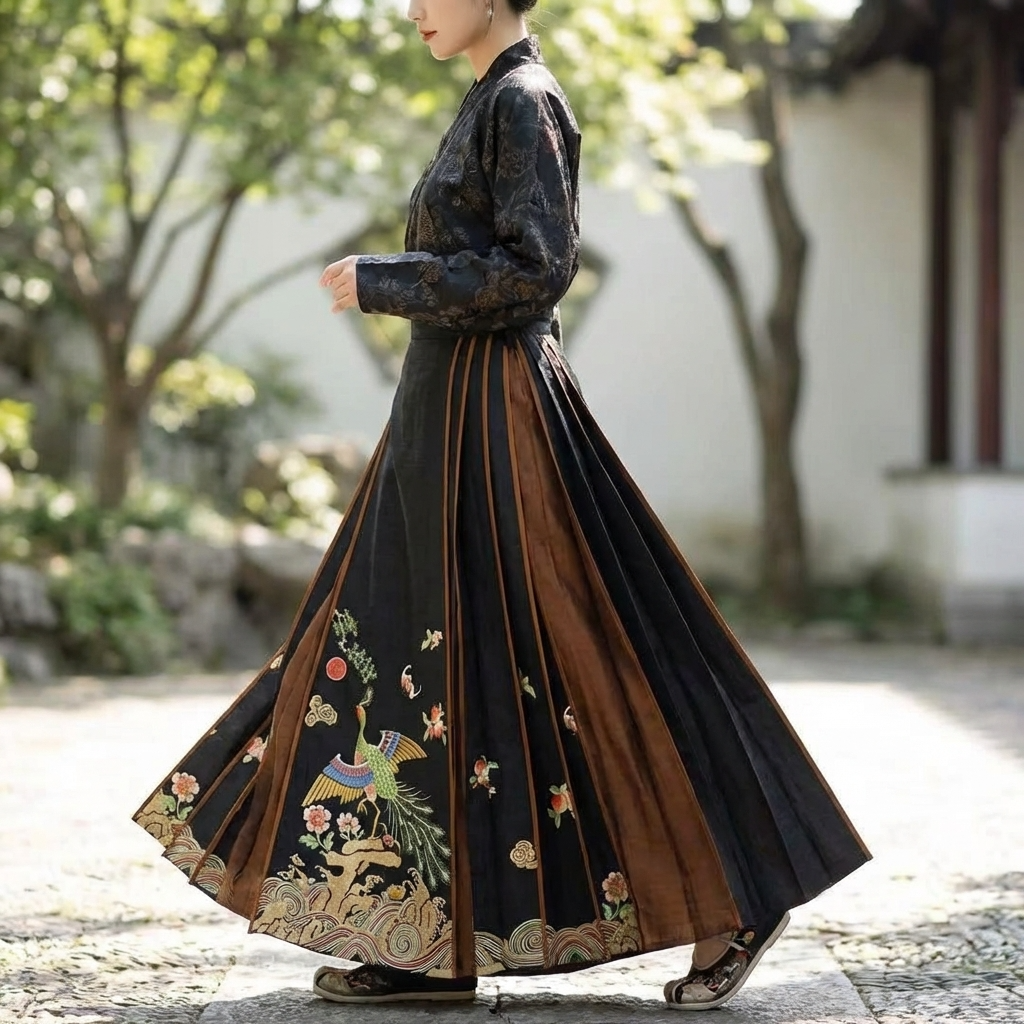 Person wearing a t traditional embroidered mamian qun in an outdoor setting