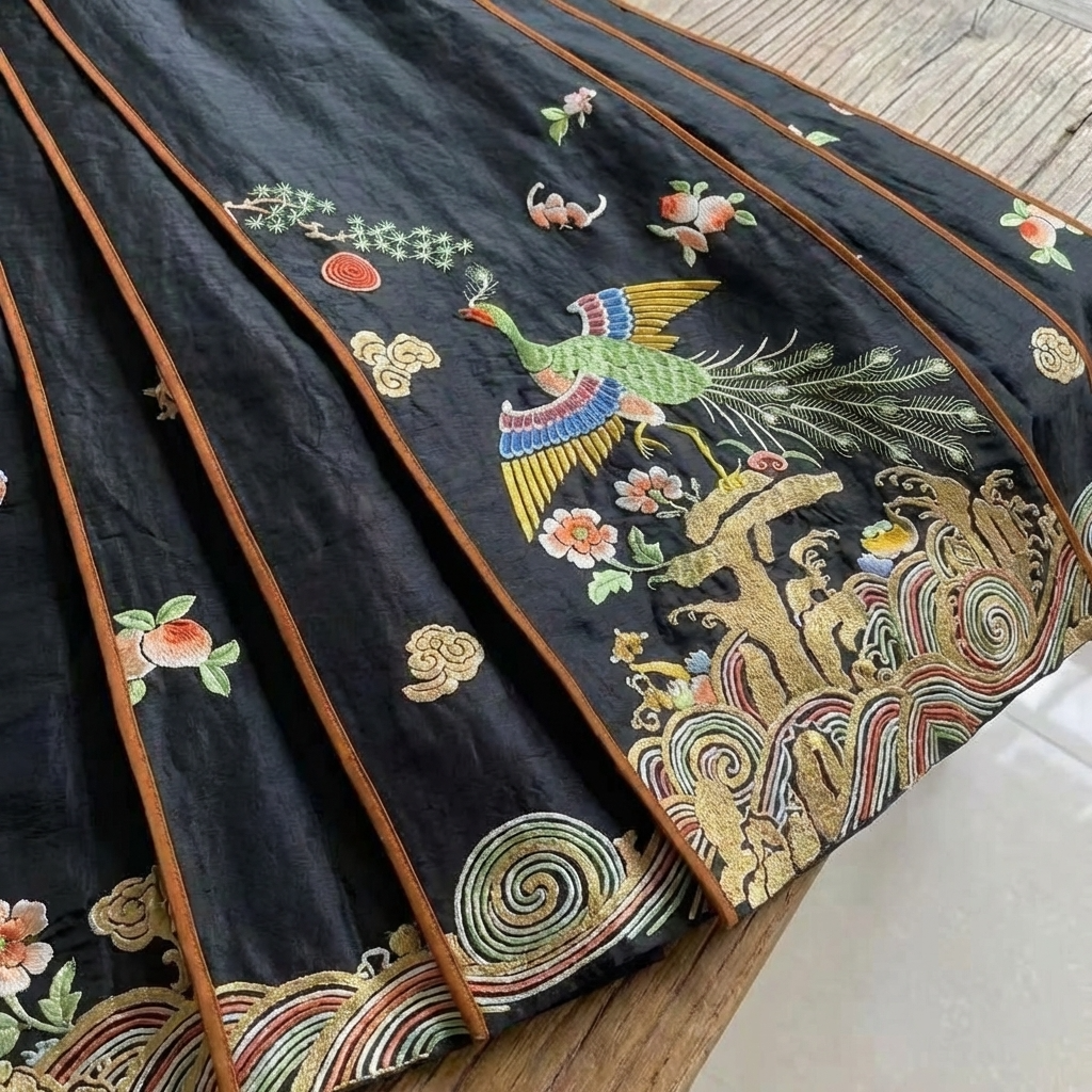 Embroidered fabric with peacock design on a dark background