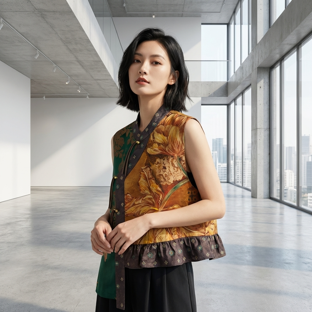 Woman wearing a patterned vest in a modern indoor setting