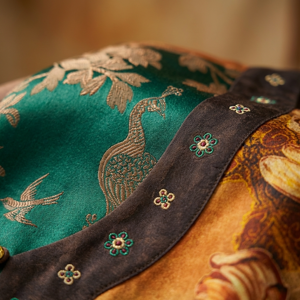 Embroidered fabric with peacock design 