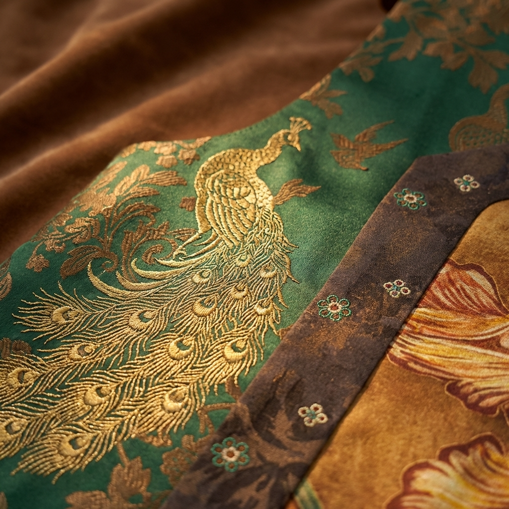Close-up of intricately designed fabric with peacock patterns on the vest