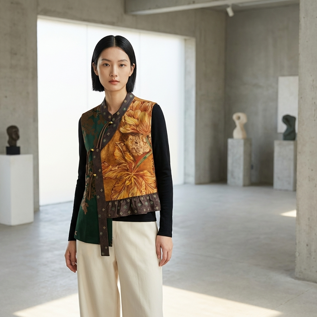 Woman wearing a patterned vest in a modern indoor setting